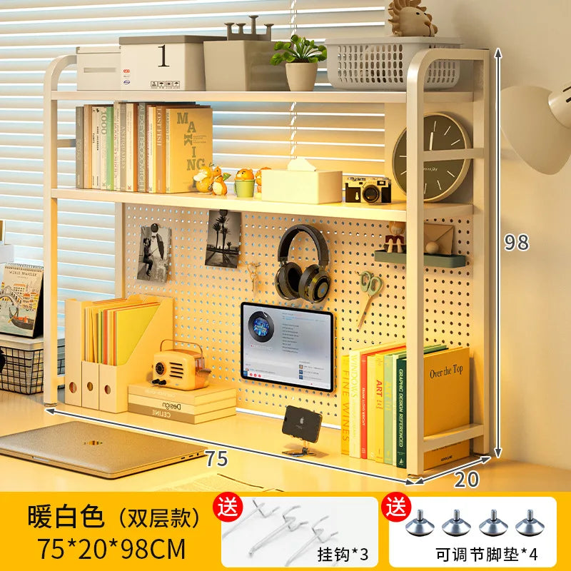 Iron Desktop Pegboard Bookshelf Multi Tier Desk Organizer Storage Shelf Student Computer Workstation Tidy Rack Cabinet Furniture
