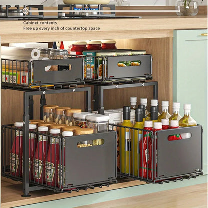 2 Tier Slide Out Cabinet Organizer Heavy Duty, Under Sink Storage Shelf for Kitchen Bathroom, Adjustable Metal Shelf 1/2 Pack