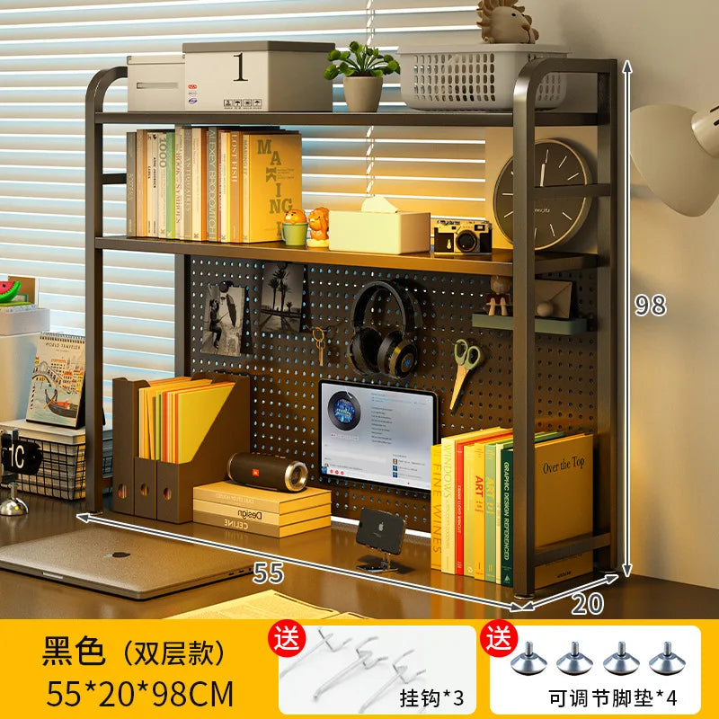 Iron Desktop Pegboard Bookshelf Multi Tier Desk Organizer Storage Shelf Student Computer Workstation Tidy Rack Cabinet Furniture