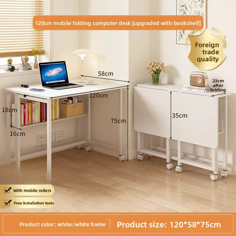 Folding study table, desk, bookshelf, integrated office, computer desk, portable mobile bedside table