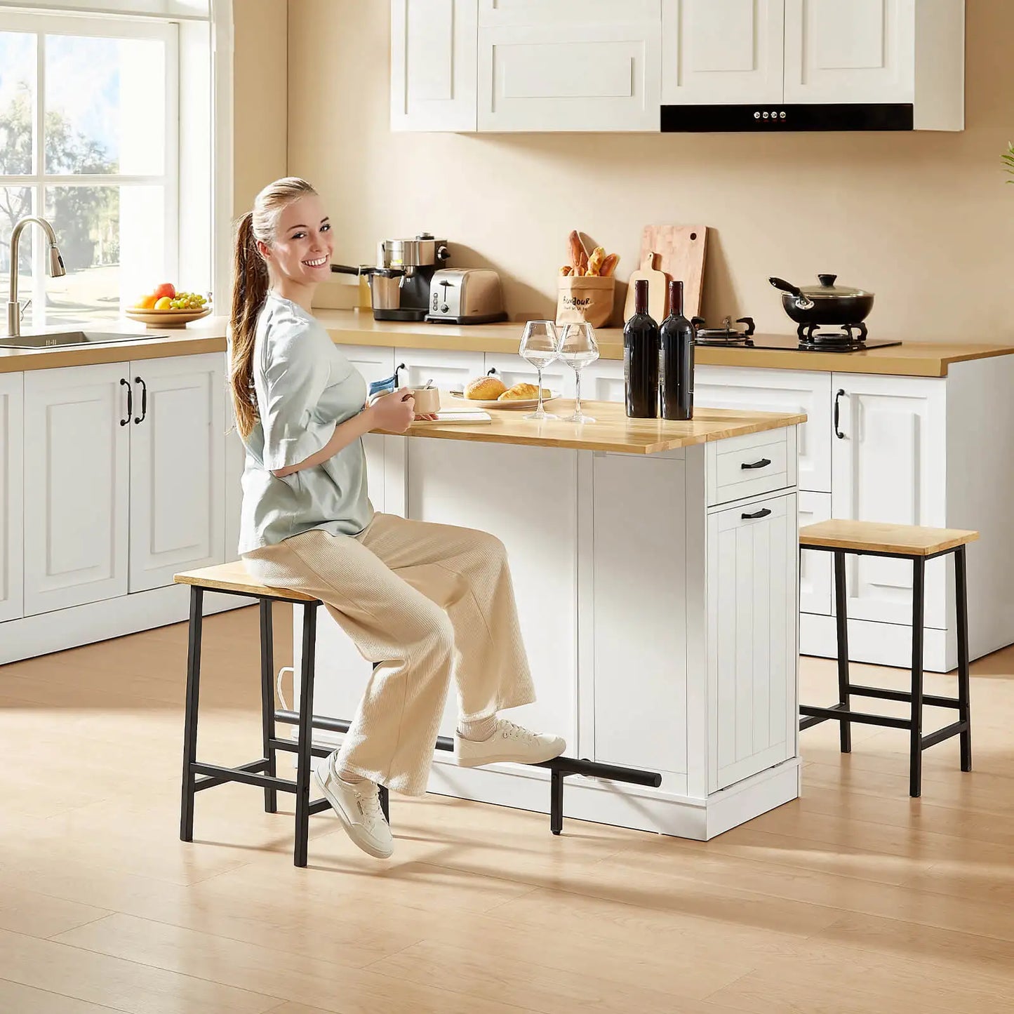 ONBRILL Stationary Kitchen Island With Storage And Two Chairs