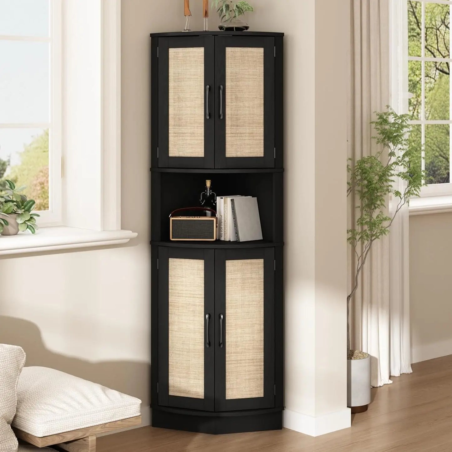 Tall Corner Cabinet, 64.7" Rattan Corner Storage Cabinet with 4 Doors and 5 Storage Shelves, Farmhouse Space Saver, Boho Shelf