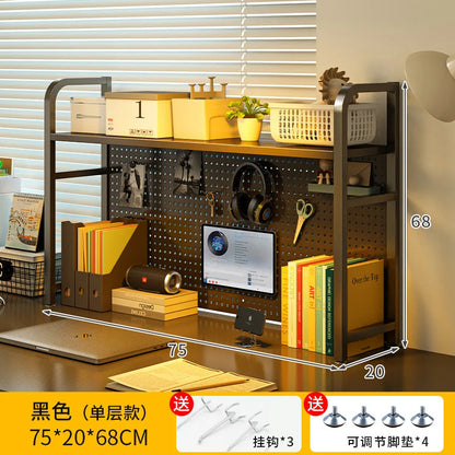 Iron Desktop Pegboard Bookshelf Multi Tier Desk Organizer Storage Shelf Student Computer Workstation Tidy Rack Cabinet Furniture