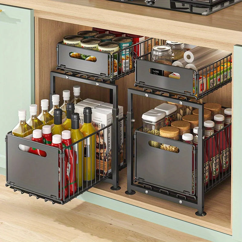 2 Tier Slide Out Cabinet Organizer Heavy Duty, Under Sink Storage Shelf for Kitchen Bathroom, Adjustable Metal Shelf 1/2 Pack