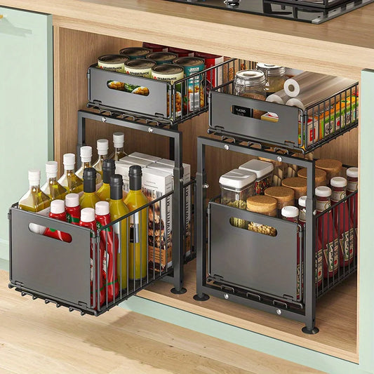 2 Tier Slide Out Cabinet Organizer Heavy Duty, Under Sink Storage Shelf for Kitchen Bathroom, Adjustable Metal Shelf 1/2 Pack