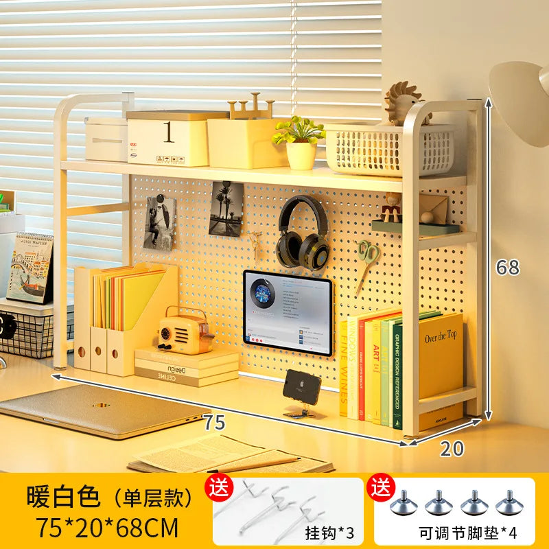 Iron Desktop Pegboard Bookshelf Multi Tier Desk Organizer Storage Shelf Student Computer Workstation Tidy Rack Cabinet Furniture