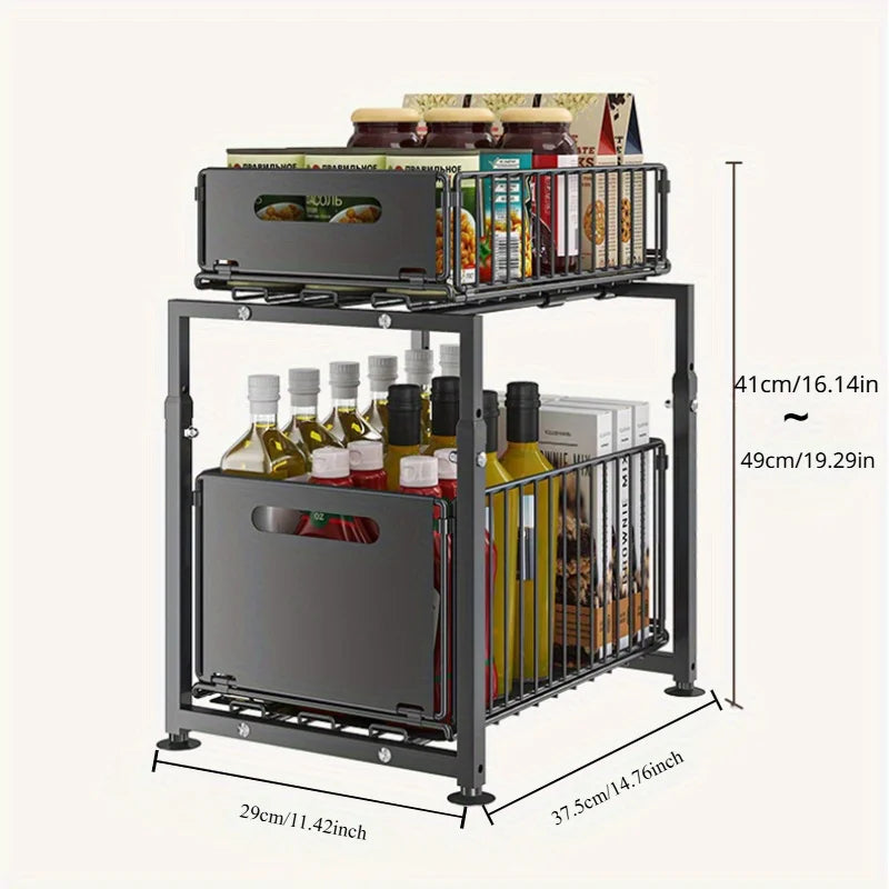 2 Tier Slide Out Cabinet Organizer Heavy Duty, Under Sink Storage Shelf for Kitchen Bathroom, Adjustable Metal Shelf 1/2 Pack