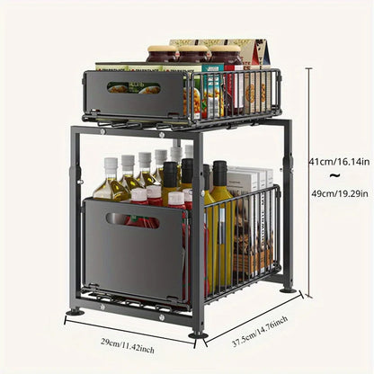 2 Tier Slide Out Cabinet Organizer Heavy Duty, Under Sink Storage Shelf for Kitchen Bathroom, Adjustable Metal Shelf 1/2 Pack