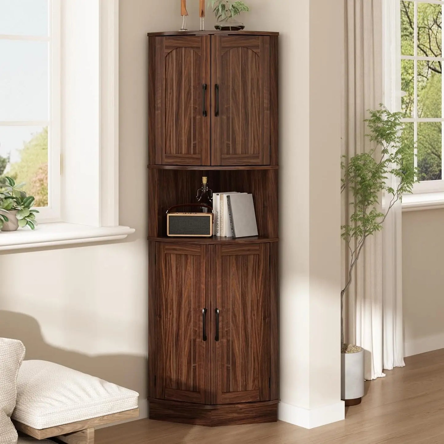 Tall Corner Cabinet, 64.7" Rattan Corner Storage Cabinet with 4 Doors and 5 Storage Shelves, Farmhouse Space Saver, Boho Shelf