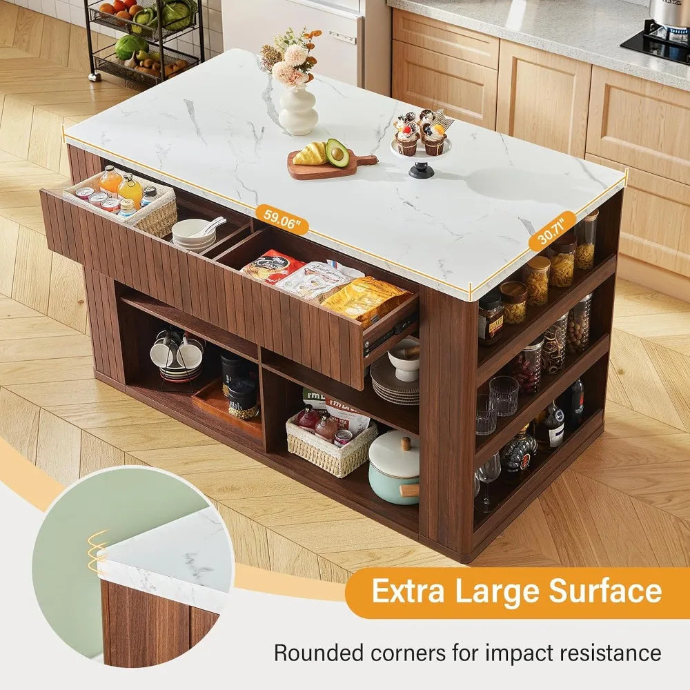 Modern Kitchen Island With Faux Marble Top And Two Drawers