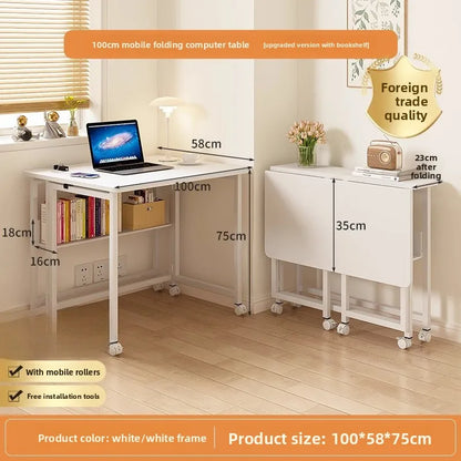 Folding study table, desk, bookshelf, integrated office, computer desk, portable mobile bedside table