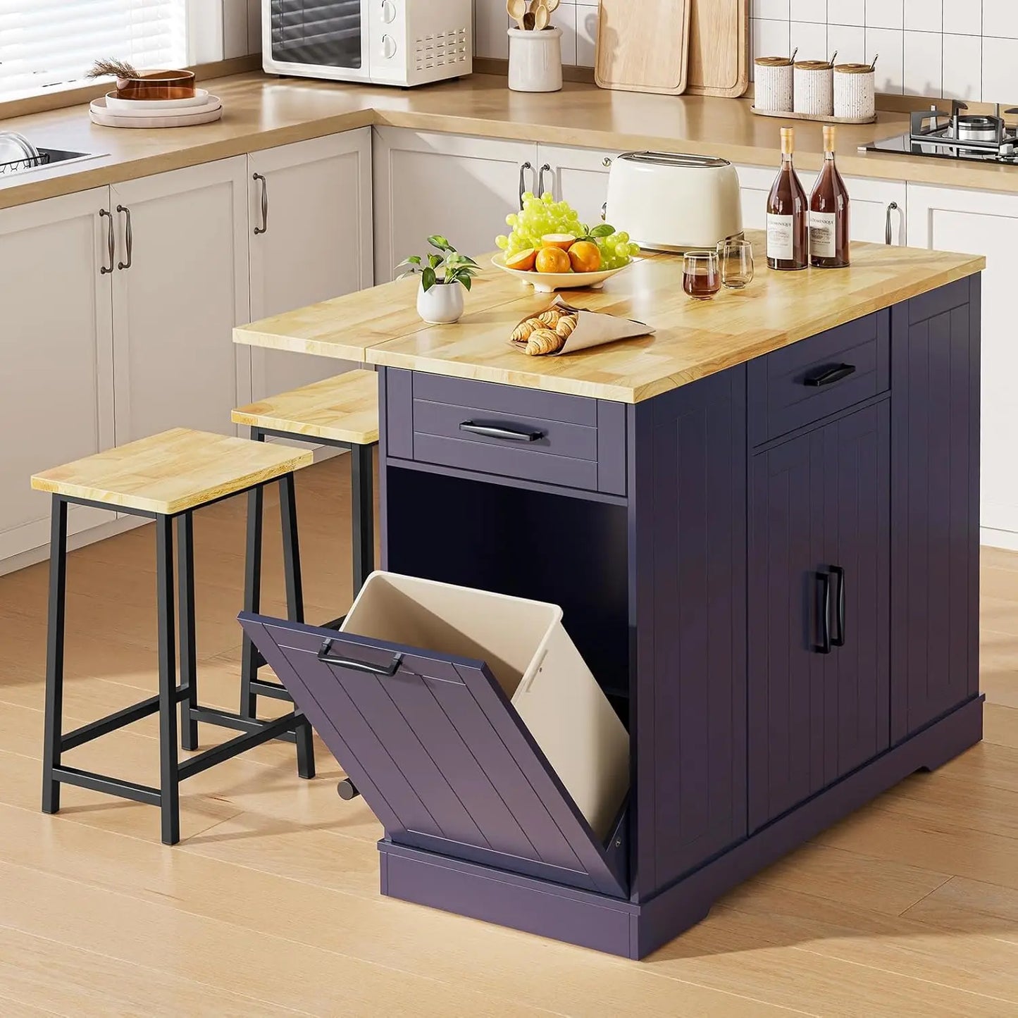 ONBRILL Stationary Kitchen Island With Storage And Two Chairs