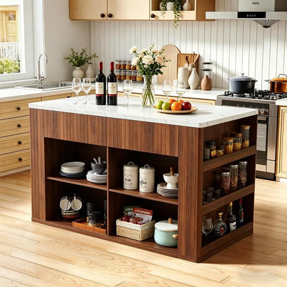 Modern Kitchen Island With Faux Marble Top And Two Drawers