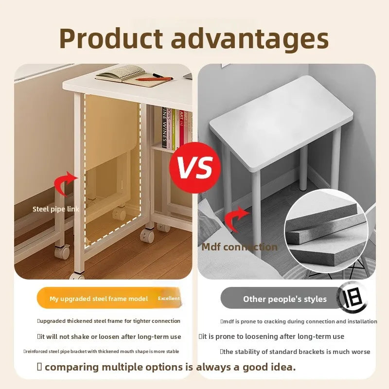 Folding study table, desk, bookshelf, integrated office, computer desk, portable mobile bedside table