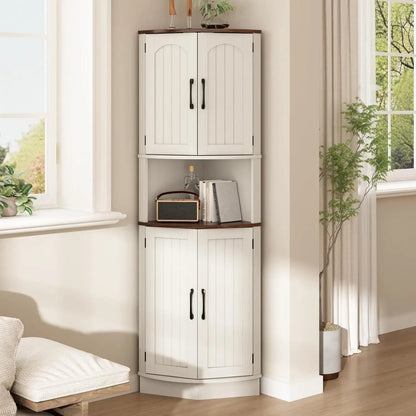 Tall Corner Cabinet, 64.7" Rattan Corner Storage Cabinet with 4 Doors and 5 Storage Shelves, Farmhouse Space Saver, Boho Shelf