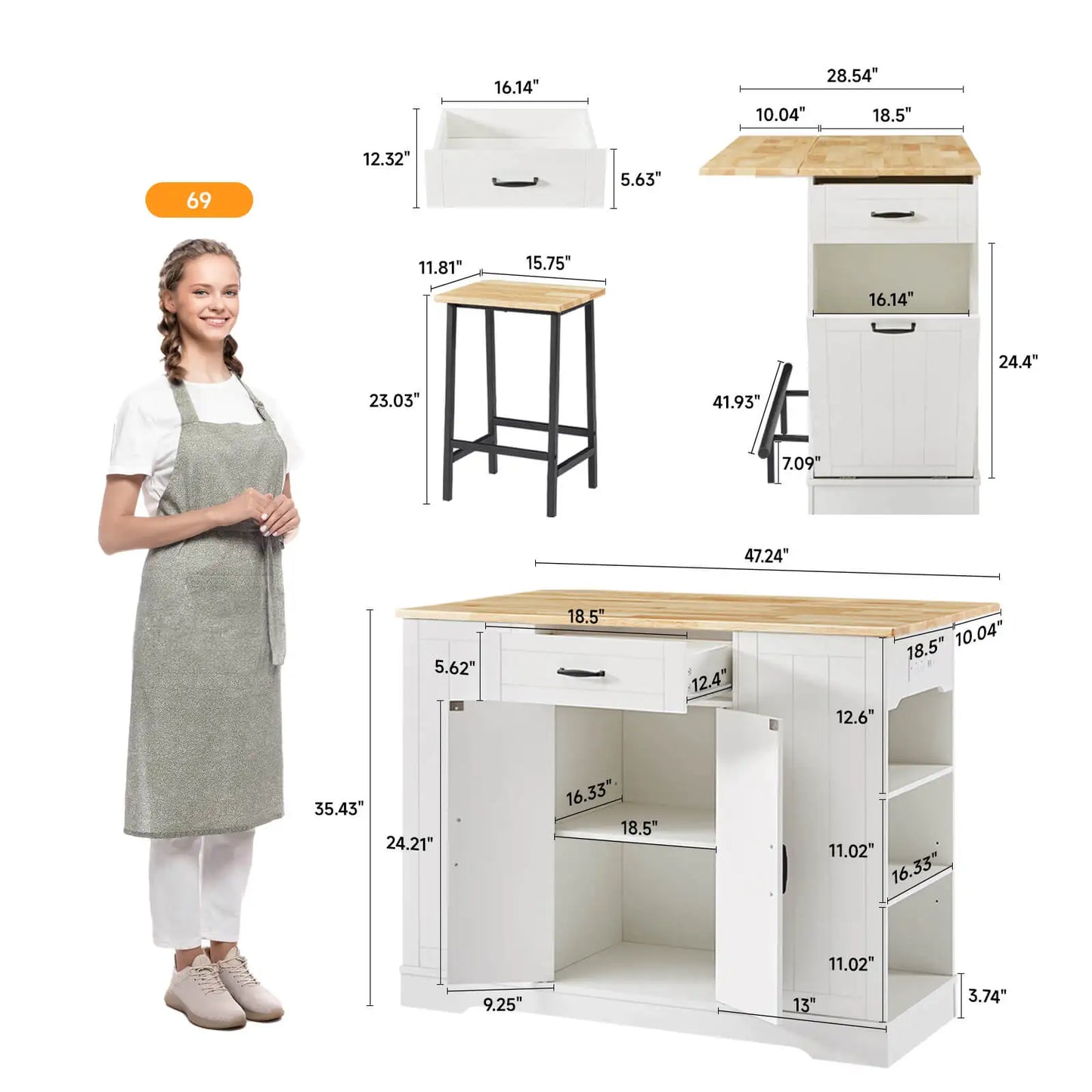 ONBRILL Stationary Kitchen Island With Storage And Two Chairs