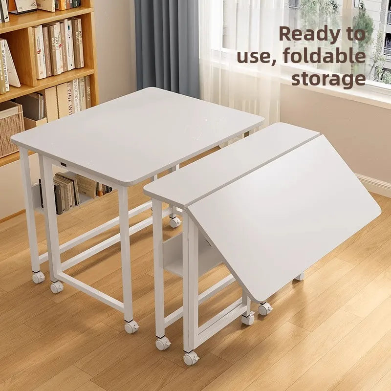 Folding study table, desk, bookshelf, integrated office, computer desk, portable mobile bedside table