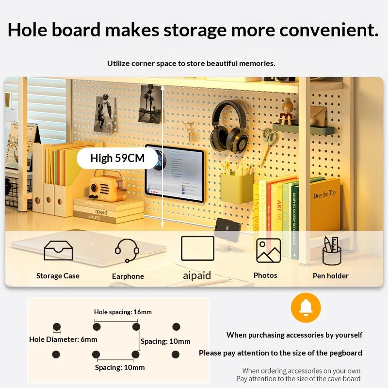 Iron Desktop Pegboard Bookshelf Multi Tier Desk Organizer Storage Shelf Student Computer Workstation Tidy Rack Cabinet Furniture