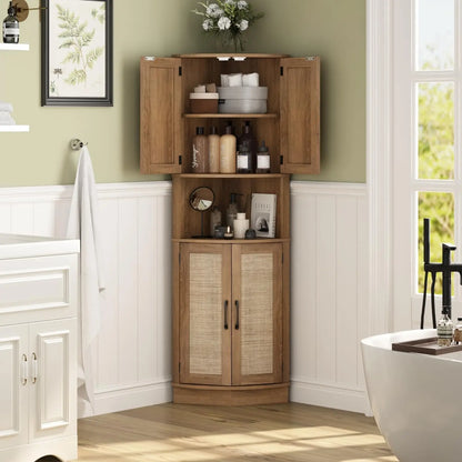 Tall Corner Cabinet, 64.7" Rattan Corner Storage Cabinet with 4 Doors and 5 Storage Shelves, Farmhouse Space Saver, Boho Shelf