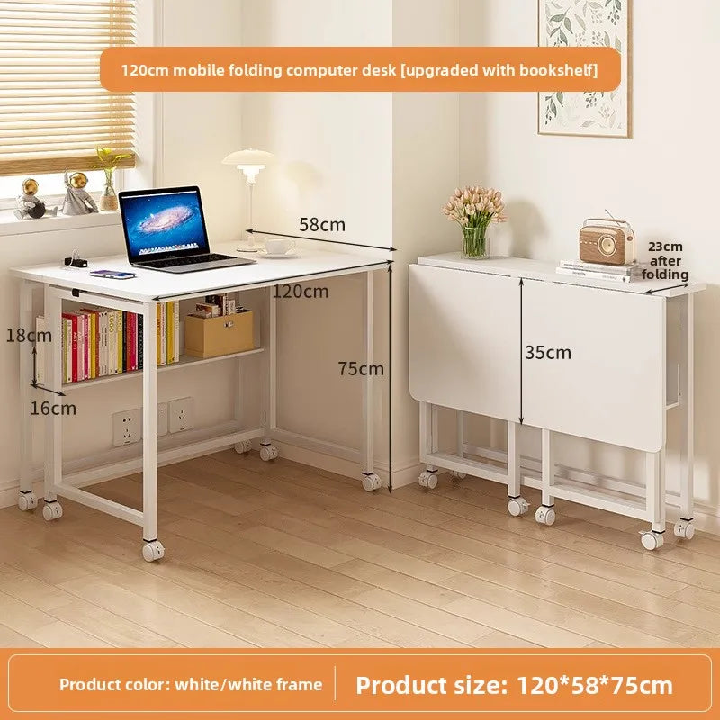 Folding study table, desk, bookshelf, integrated office, computer desk, portable mobile bedside table