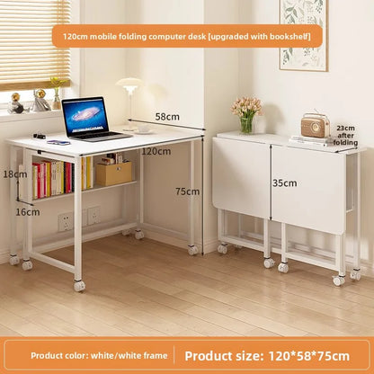 Folding study table, desk, bookshelf, integrated office, computer desk, portable mobile bedside table