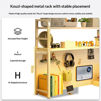 Iron Desktop Pegboard Bookshelf Multi Tier Desk Organizer Storage Shelf Student Computer Workstation Tidy Rack Cabinet Furniture