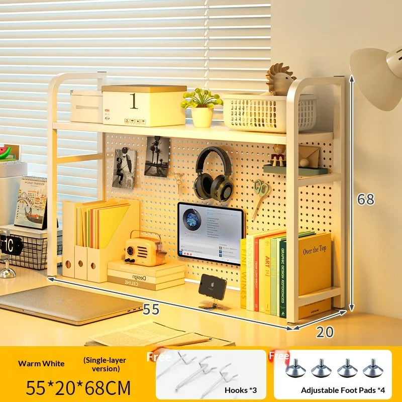 Iron Desktop Pegboard Bookshelf Multi Tier Desk Organizer Storage Shelf Student Computer Workstation Tidy Rack Cabinet Furniture