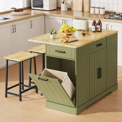 ONBRILL Stationary Kitchen Island With Storage And Two Chairs