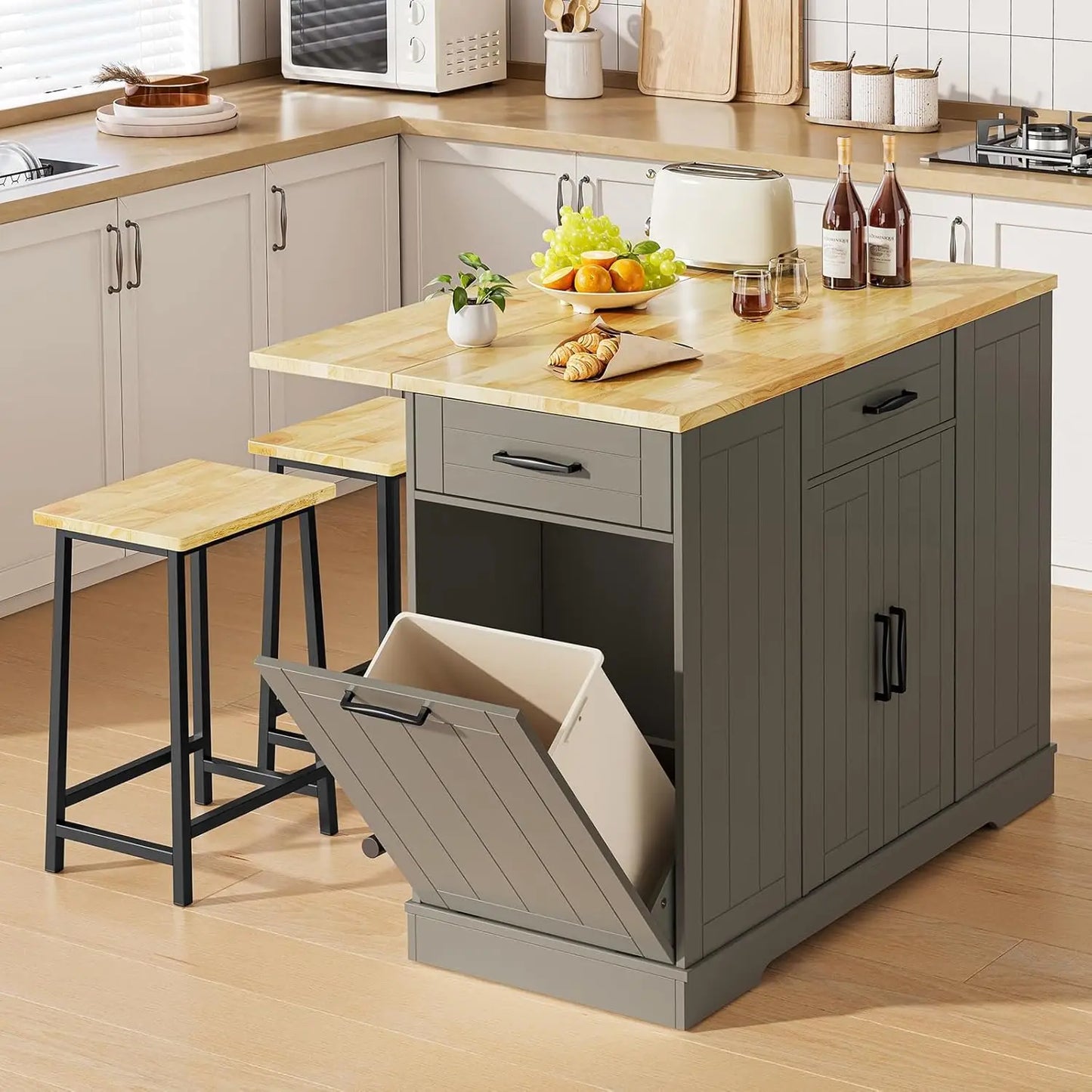 ONBRILL Stationary Kitchen Island With Storage And Two Chairs