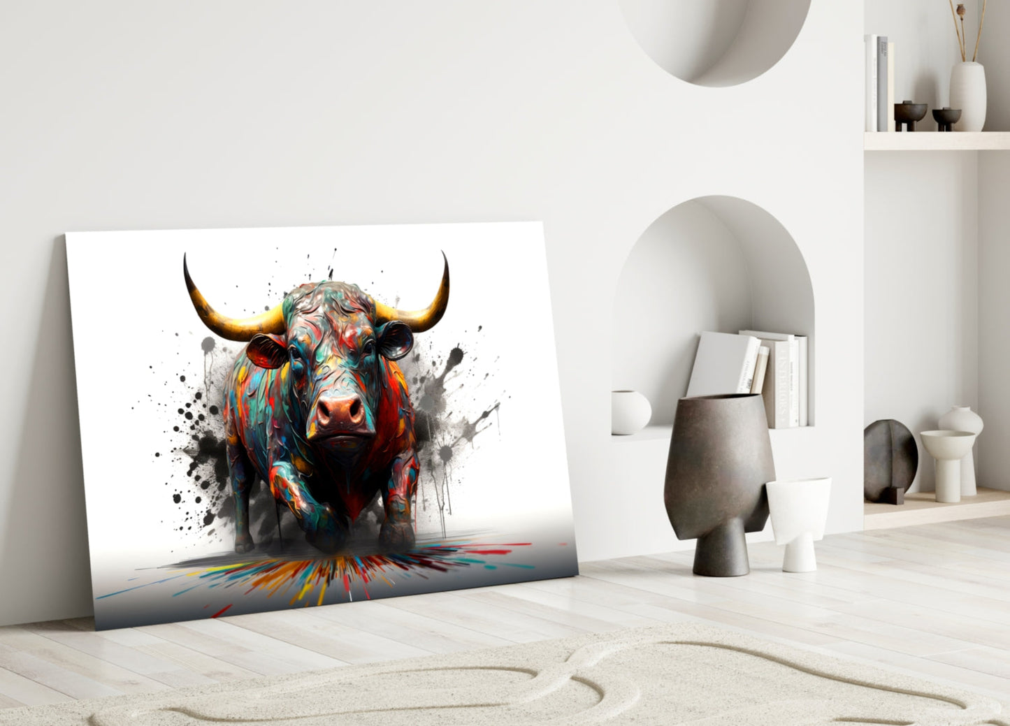 Rainbow Bull White Splash Glass Wall Art