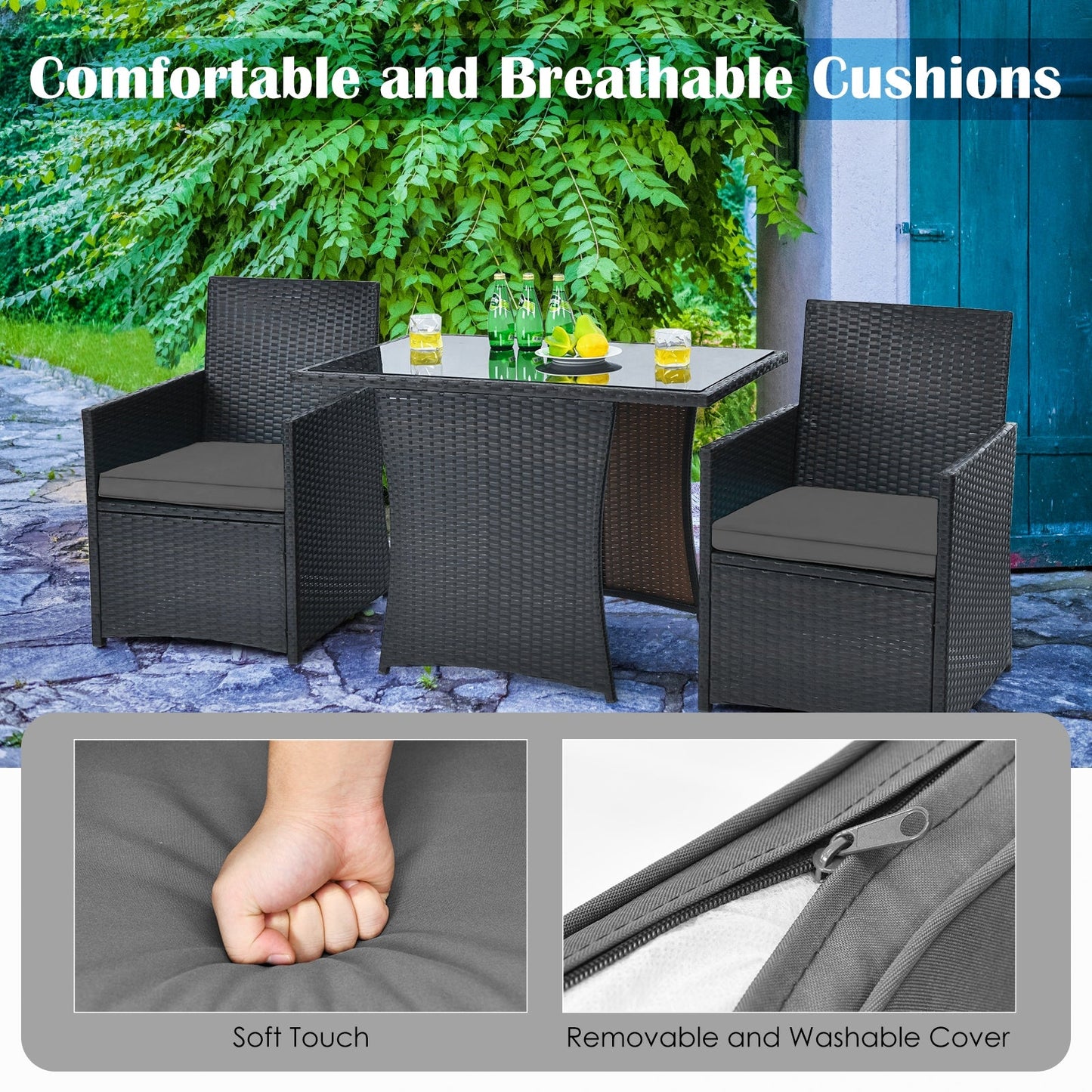 3 Pieces Patio Rattan Furniture Set with Cushion and Sofa Armrest
