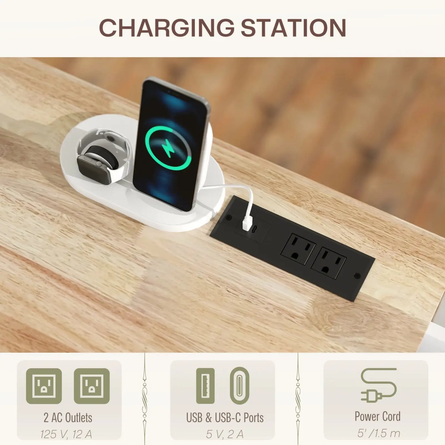 Kitchen Island with Drop Leaf and Charging Station
