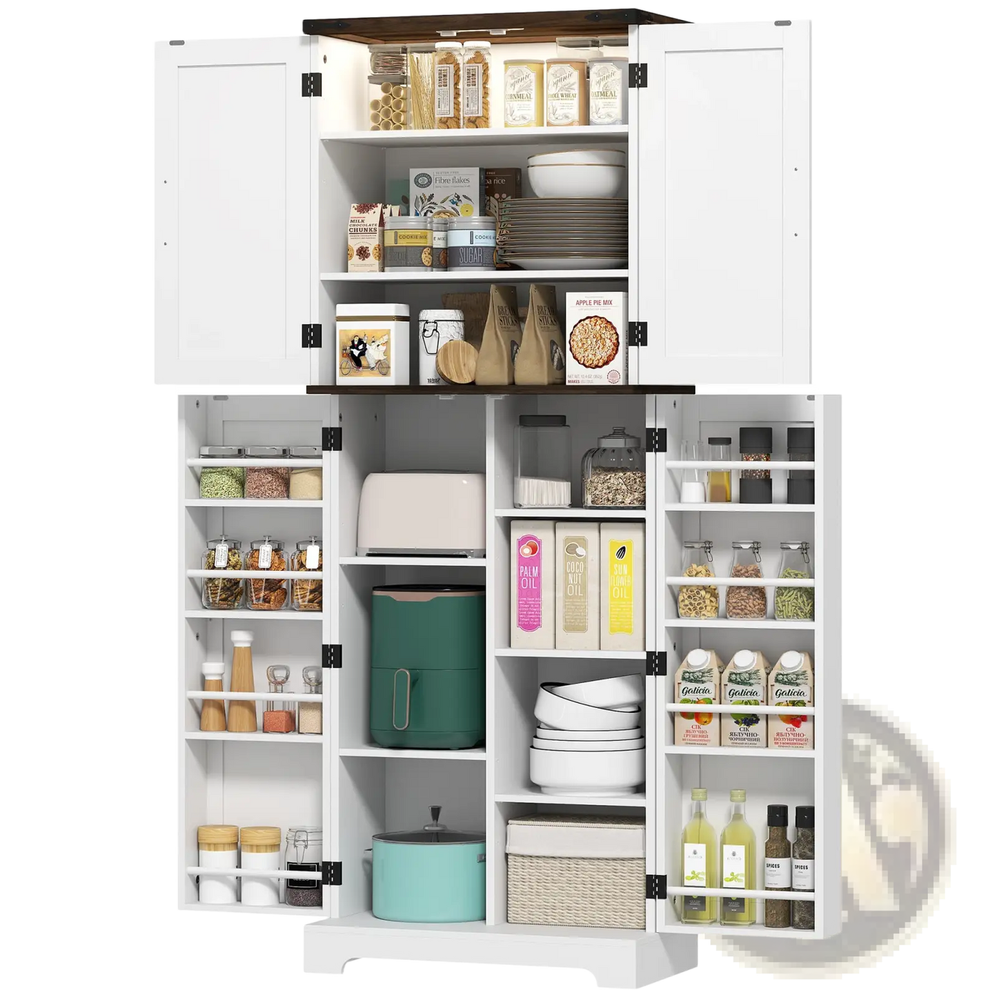 Kitchen Pantry Cabinet with Led Light and Spice Racks