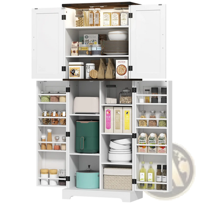 Kitchen Pantry Cabinet with Led Light and Spice Racks
