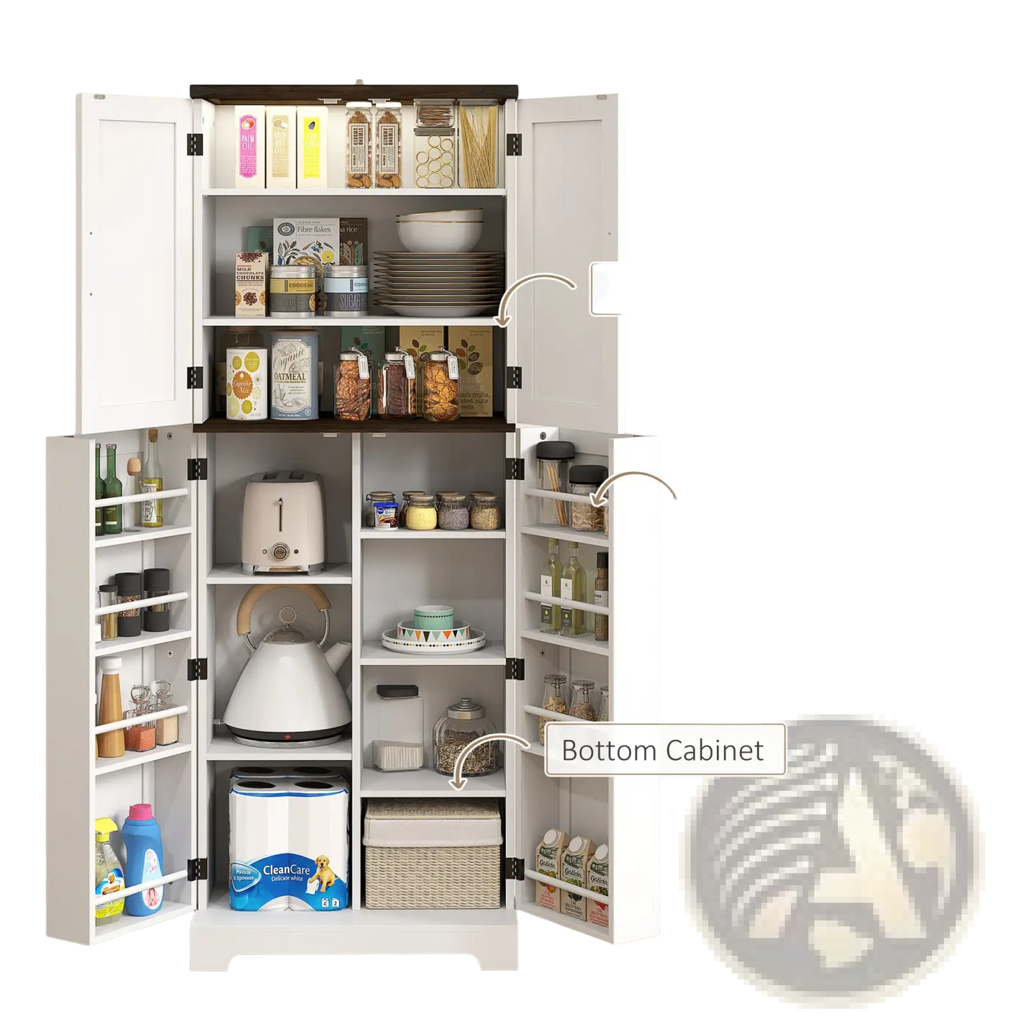 Kitchen Pantry Cabinet with Led Light and Spice Racks