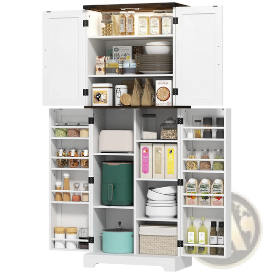 Kitchen Pantry Cabinet with Led Light and Spice Racks