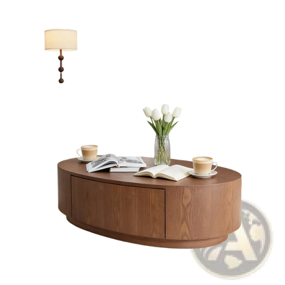 Oval Coffee Table Dark Walnut Wood Storage no Assembly