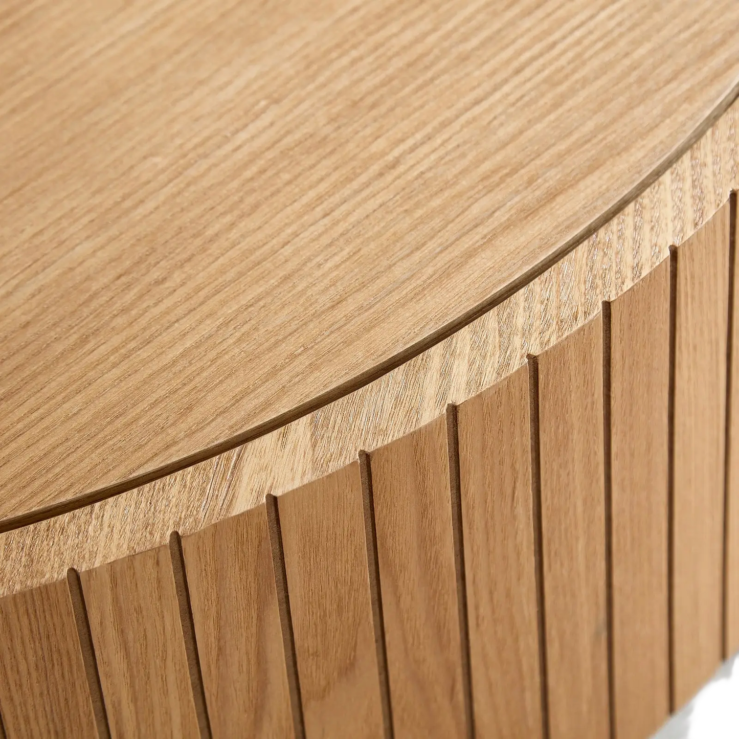 Round Coffee Table with Storage and Slatted Wood Detail