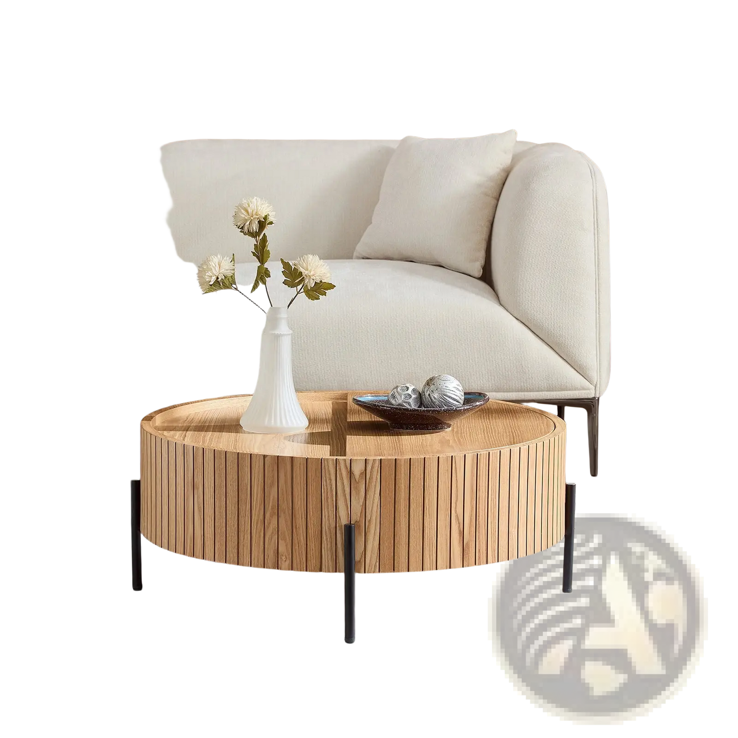 Round Coffee Table with Storage and Slatted Wood Detail