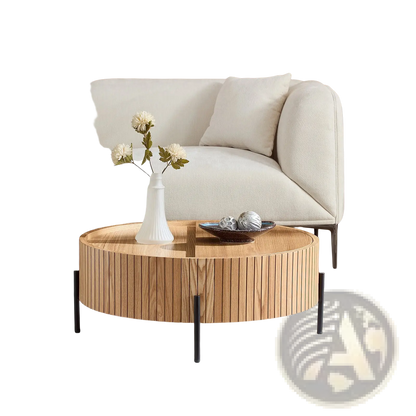 Round Coffee Table with Storage and Slatted Wood Detail