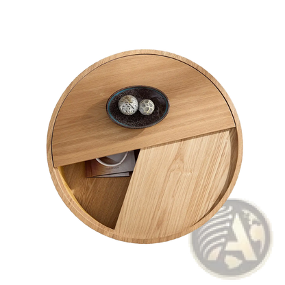 Round Coffee Table with Storage and Slatted Wood Detail
