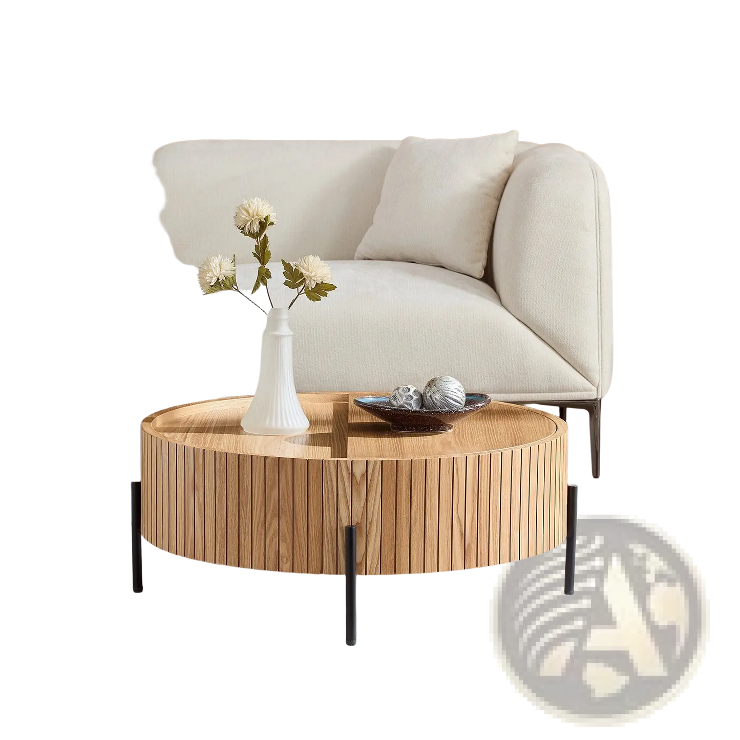 Round Coffee Table with Storage and Slatted Wood Detail