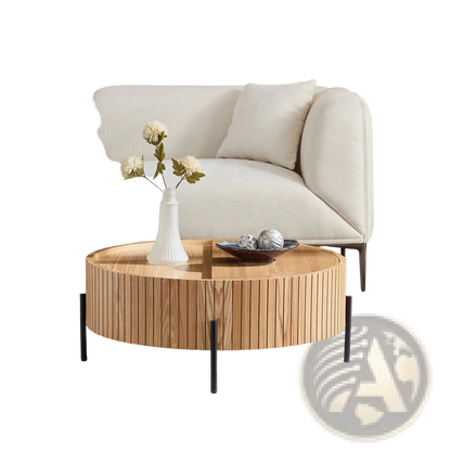 Round Coffee Table with Storage and Slatted Wood Detail