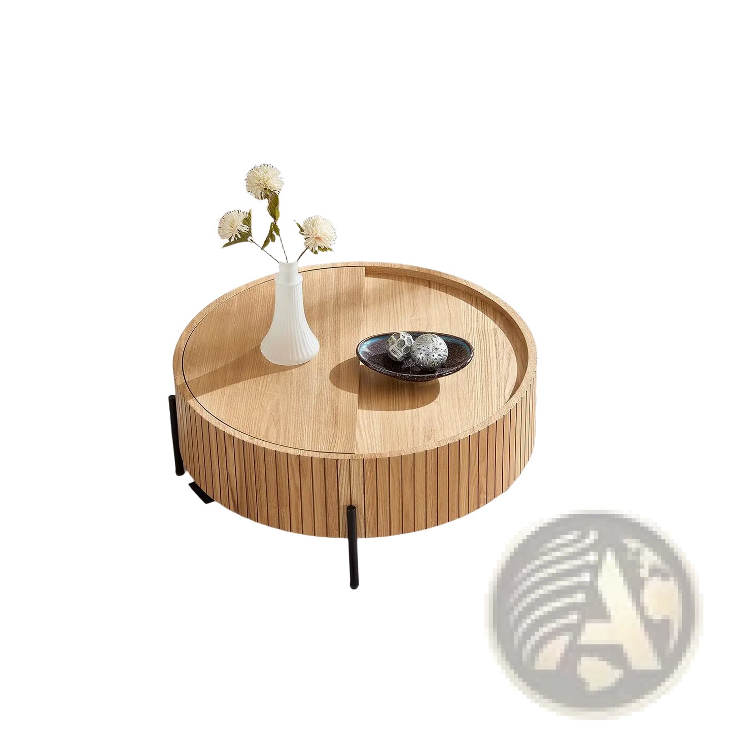 Round Coffee Table with Storage and Slatted Wood Detail