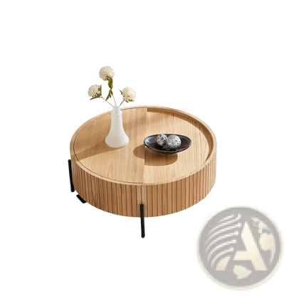 Round Coffee Table with Storage and Slatted Wood Detail
