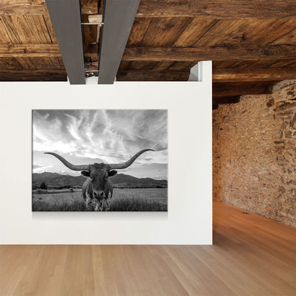 Texas Longhorn Black & White Canvas Wall Art, Ranch Decor