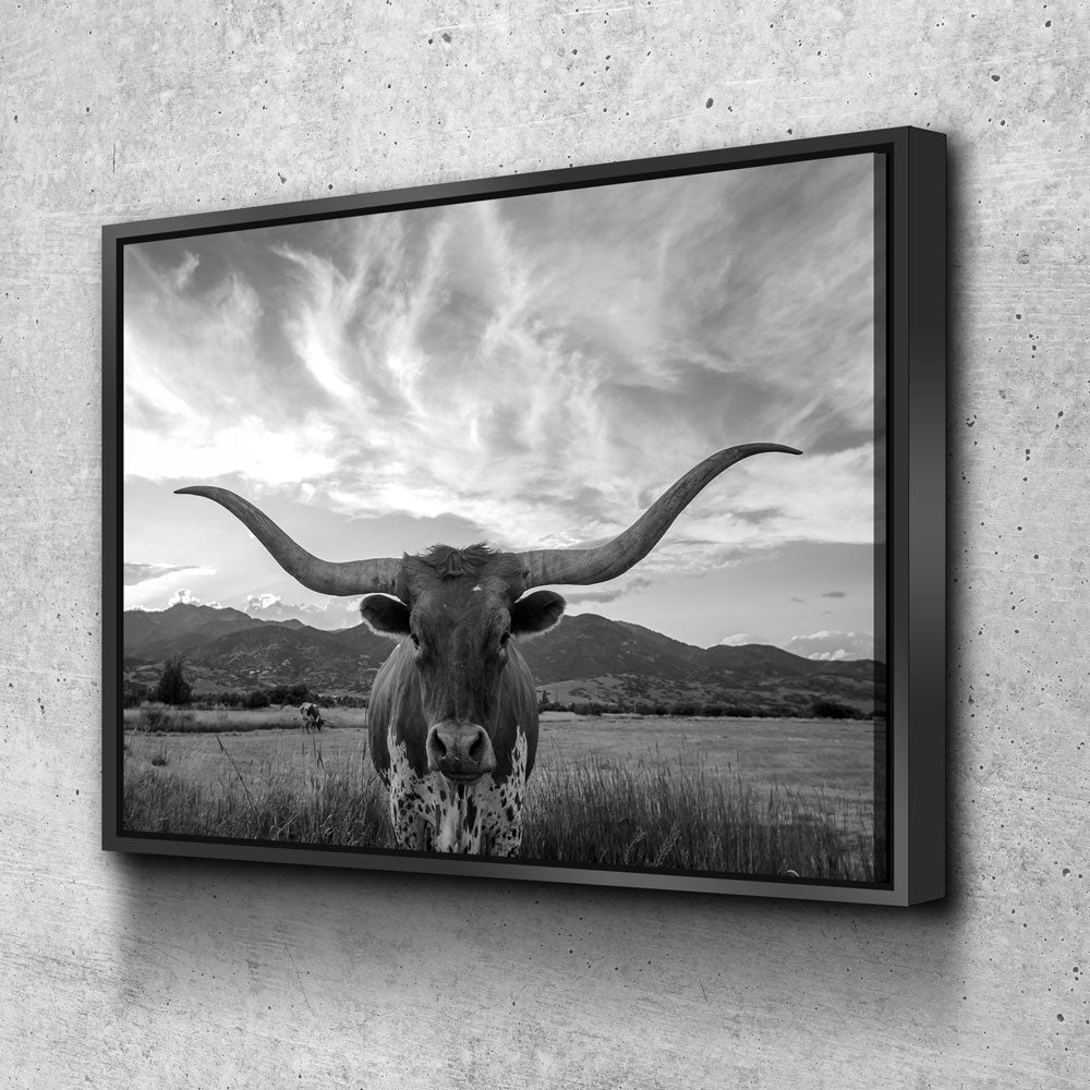 Texas Longhorn Black & White Canvas Wall Art, Ranch Decor