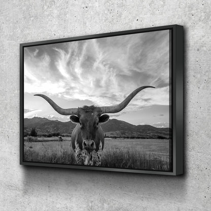 Texas Longhorn Black & White Canvas Wall Art, Ranch Decor