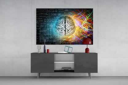 Chalk Equations and Neon Swirl Brain Glass Wall Art