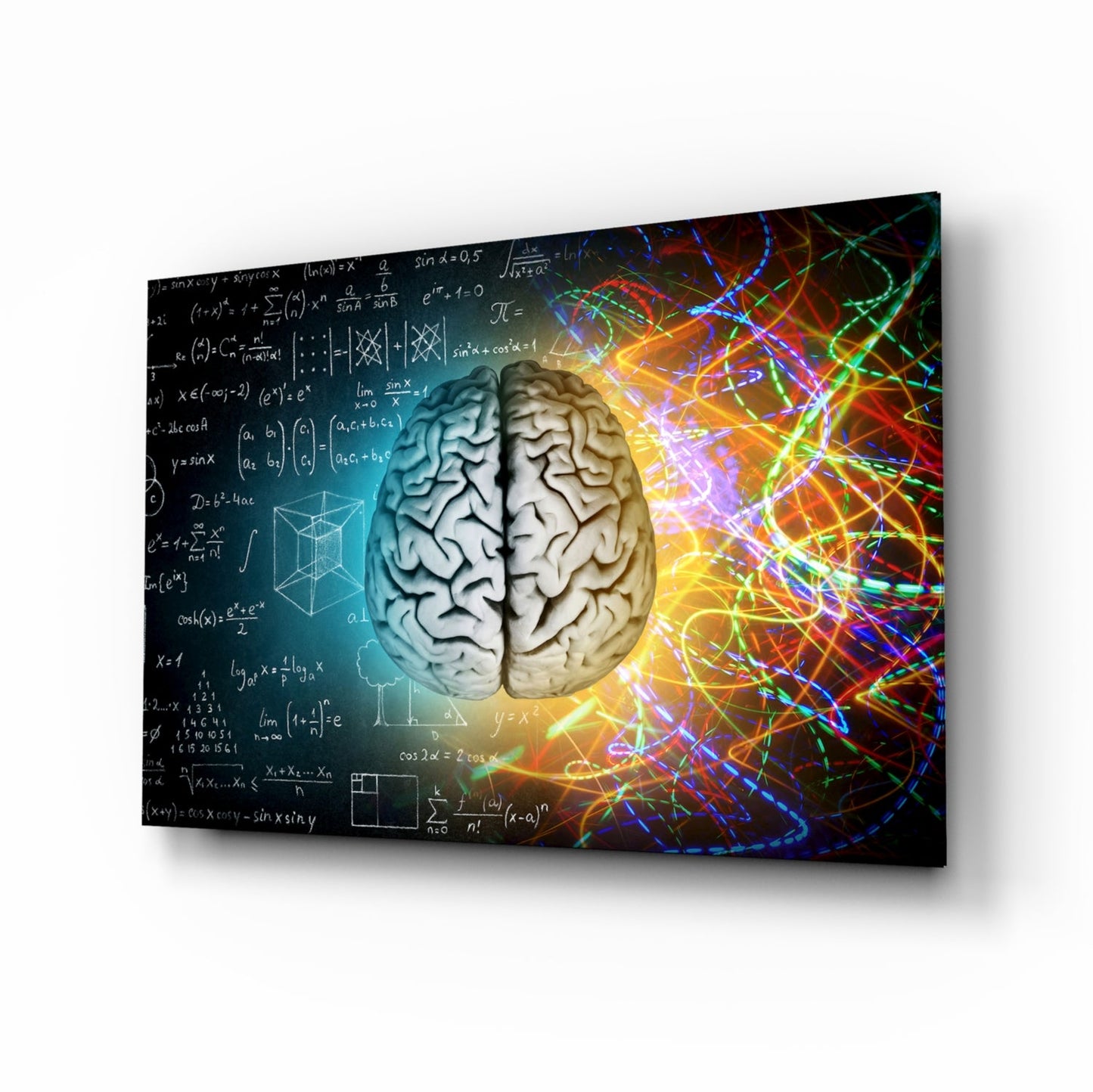 Chalk Equations and Neon Swirl Brain Glass Wall Art